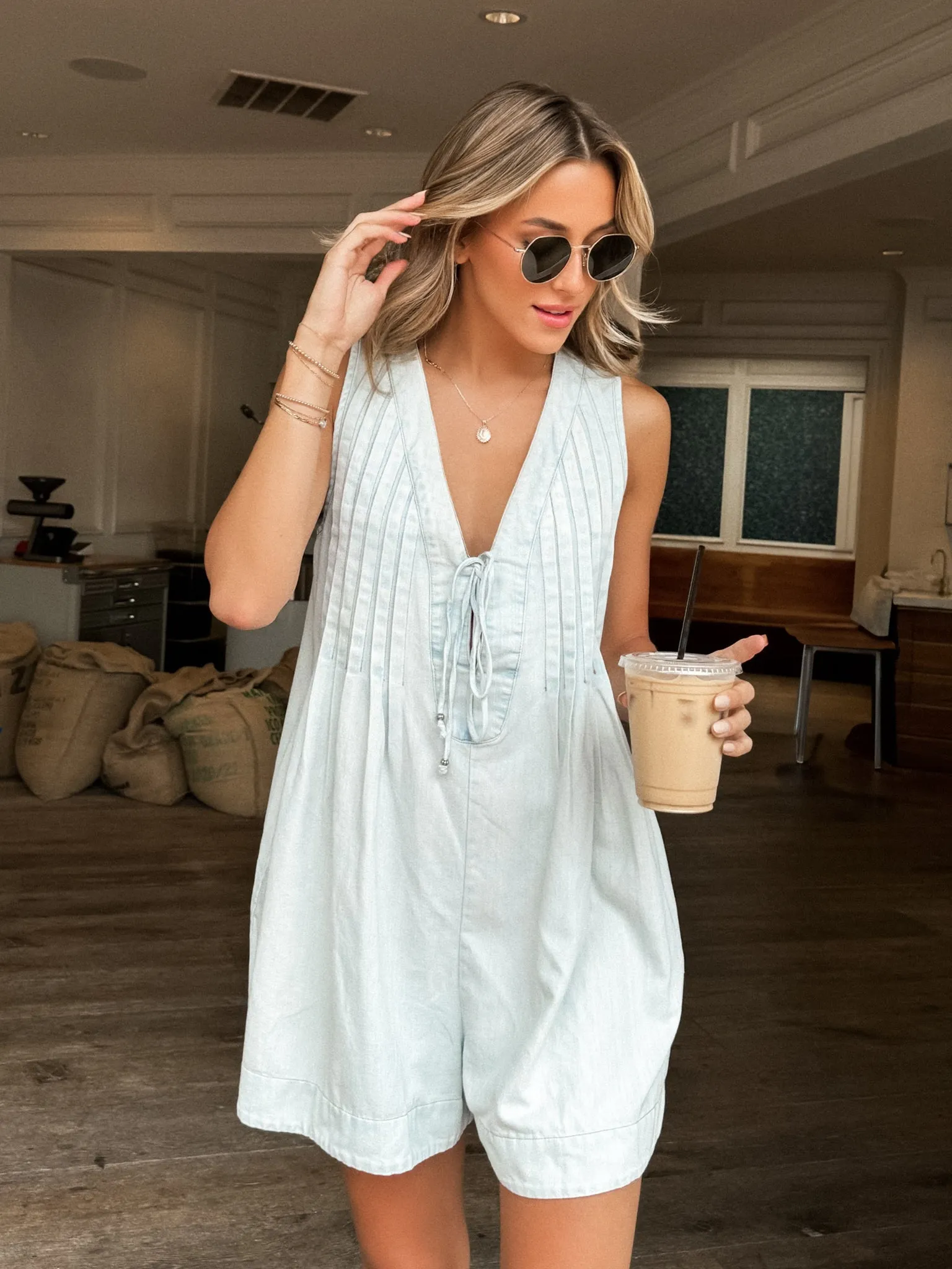 Henley Pleated Denim Romper in Light Wash