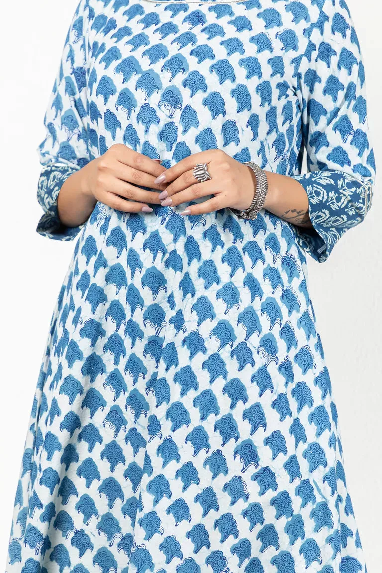 Indigo-Colored Kurta In Hand Block Dabu Print