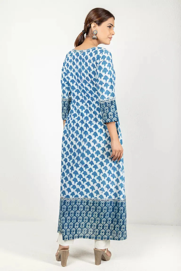 Indigo-Colored Kurta In Hand Block Dabu Print