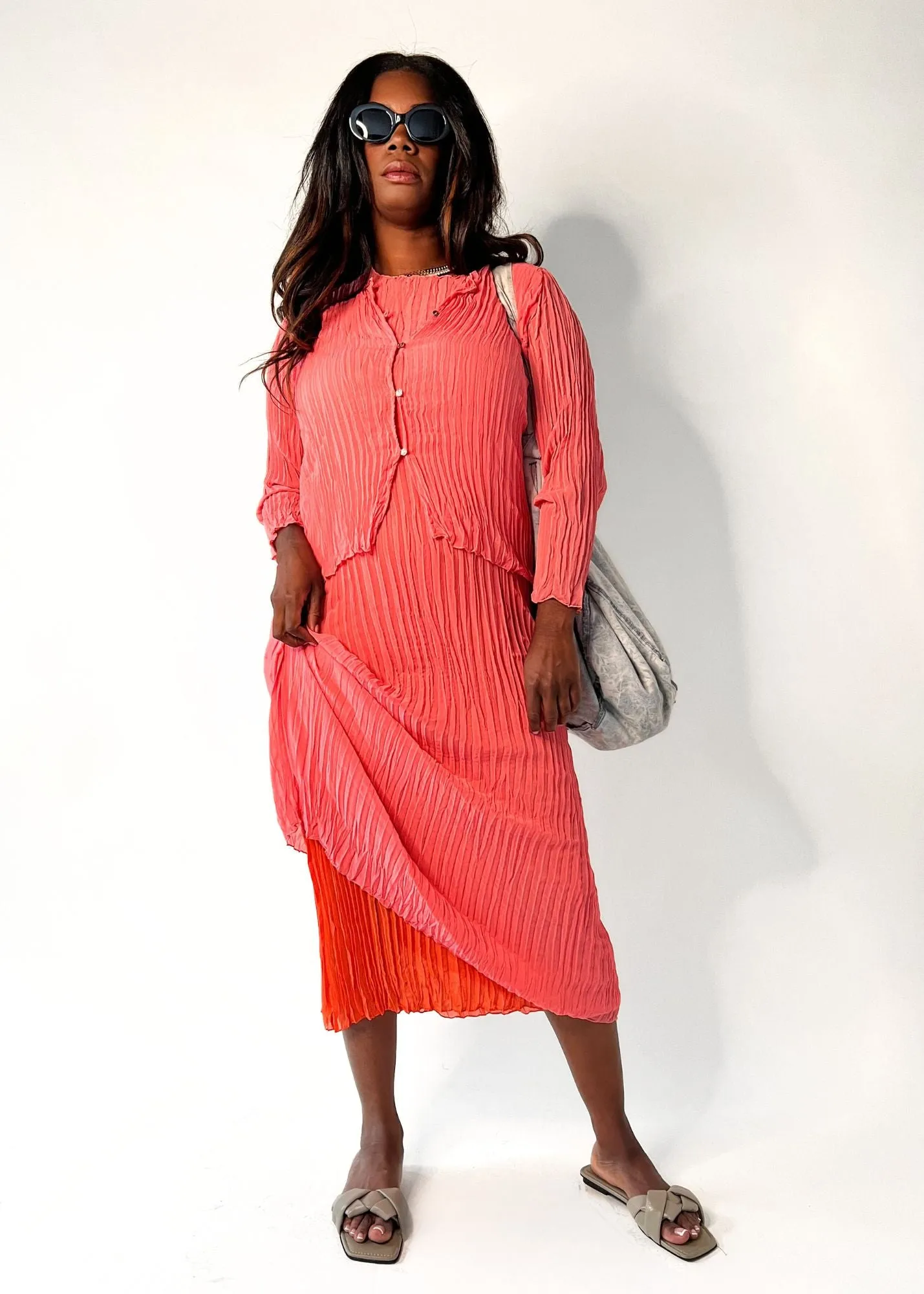 Jaya Pleated Dress- Reversible Orange Coral