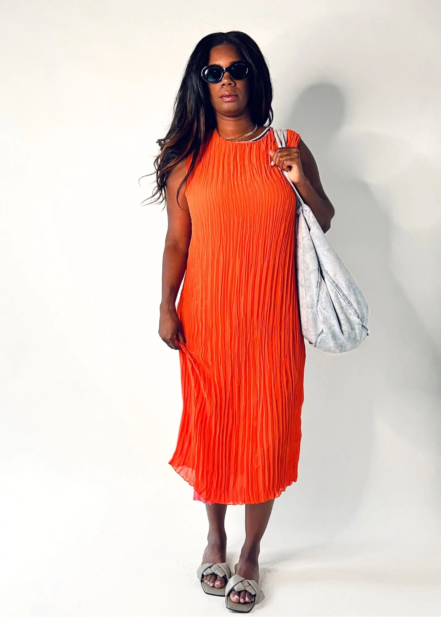 Jaya Pleated Dress- Reversible Orange Coral