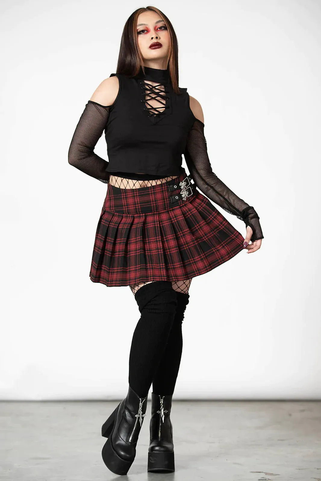 Killstar Bat Girl Skirt Red Tartan with Statement Buckles