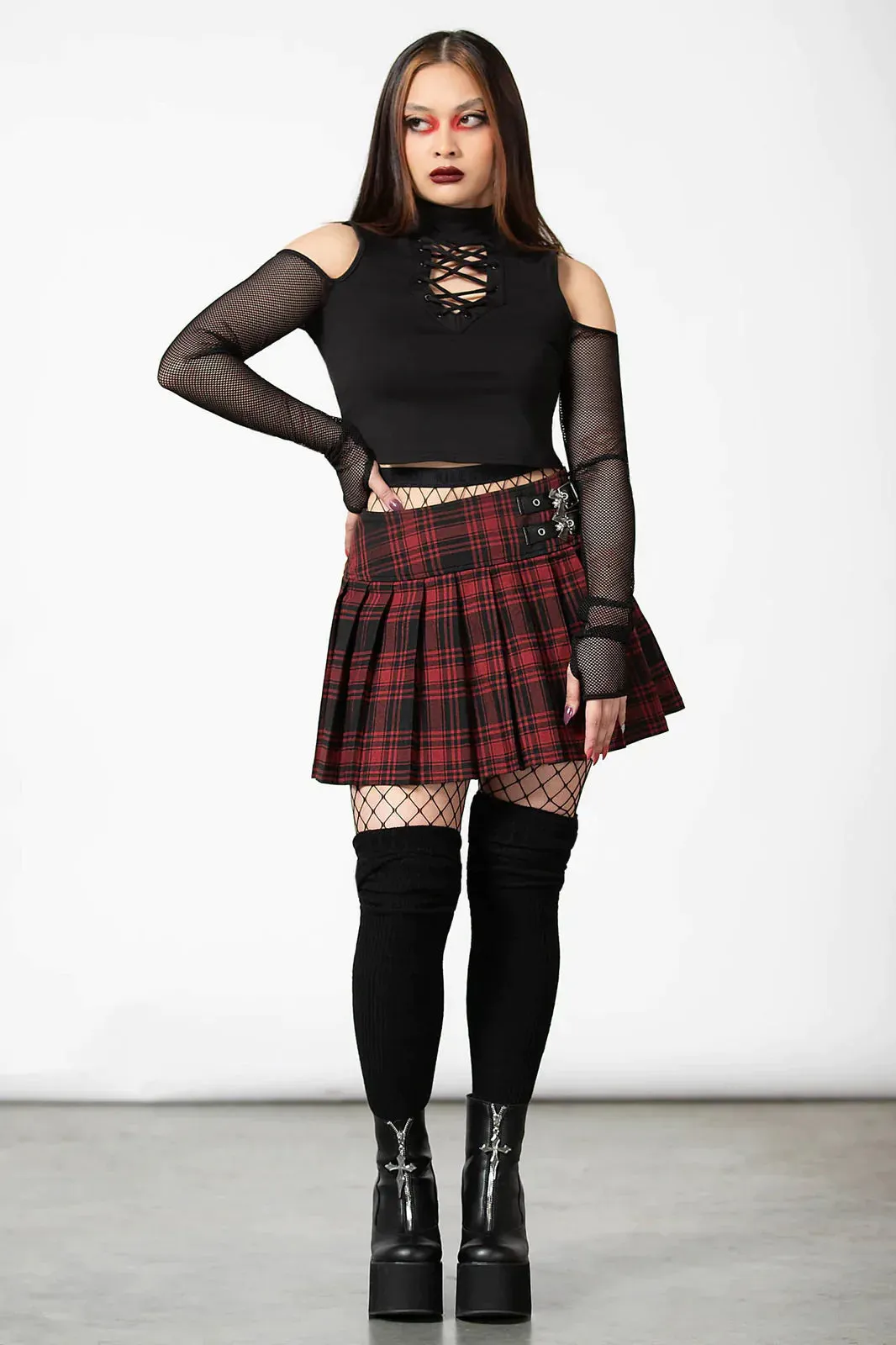 Killstar Bat Girl Skirt Red Tartan with Statement Buckles