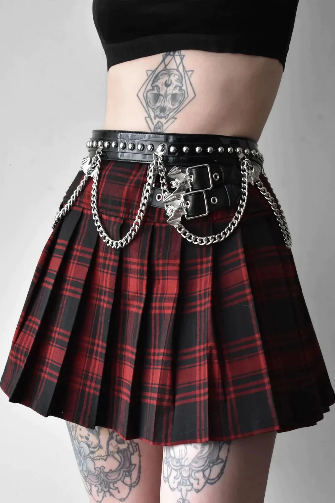 Killstar Bat Girl Skirt Red Tartan with Statement Buckles