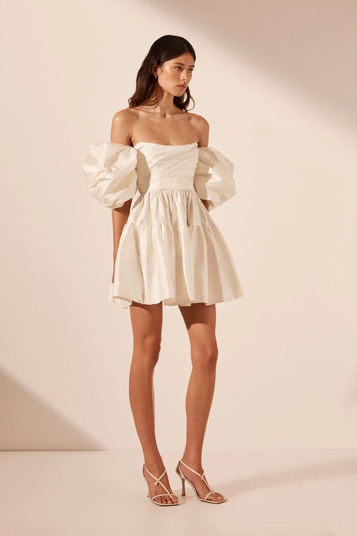 LA LUNE LUCERO SILK DRAPED CORSET TIERED MINI DRESS - IVORY