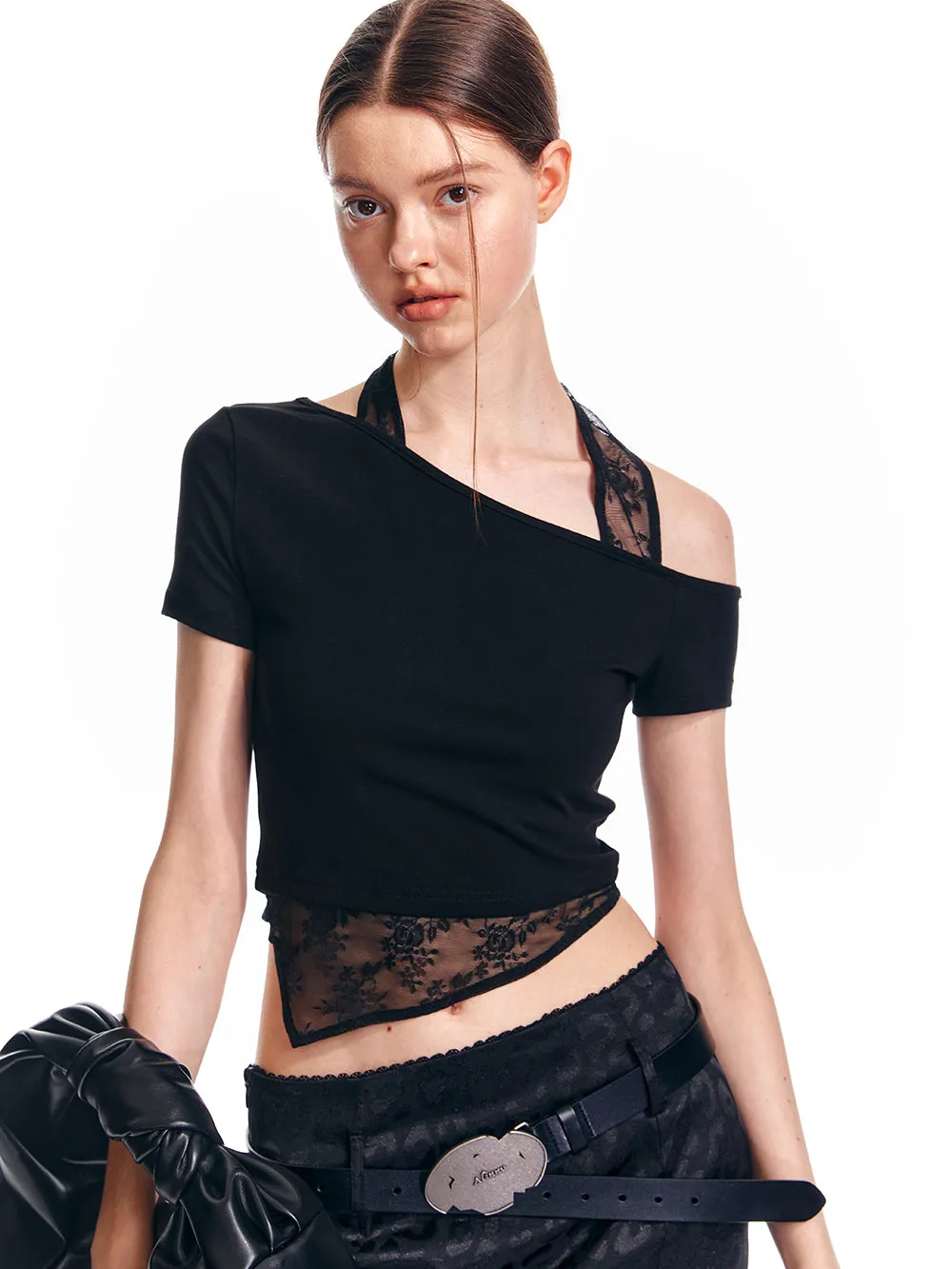 Lace Halter Neck Asymmetric Hem Cropped Top