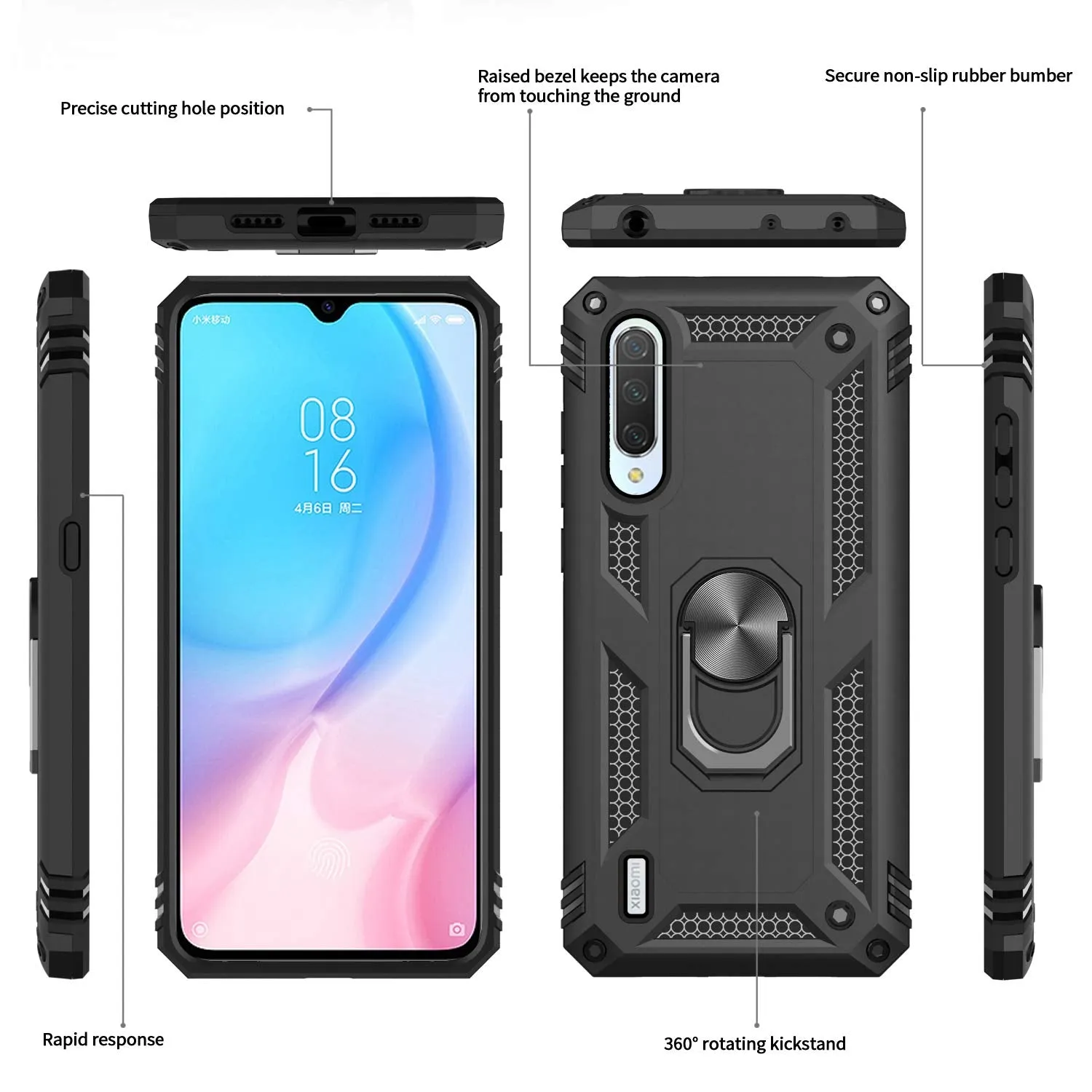 LeYi for Xiaomi Mi 9 Lite/CC9/A3 Lite Case and Screen Protector, Ring Holder [Military Grade] Protective Silicone TPU Personalised Shockproof, Black