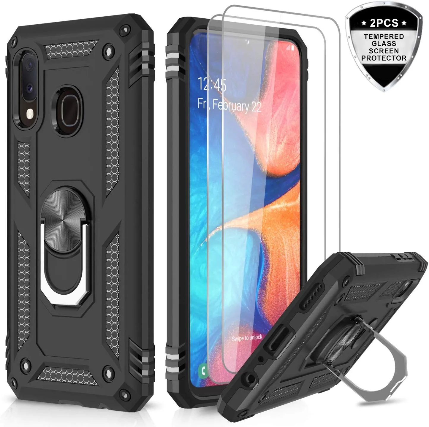 LeYi Samsung Galaxy A20/ A30 Case with Tempered Glass Screen Protector, [Military Grade] Magnetic Car Ring Holder Mount Kickstand Defender Protective