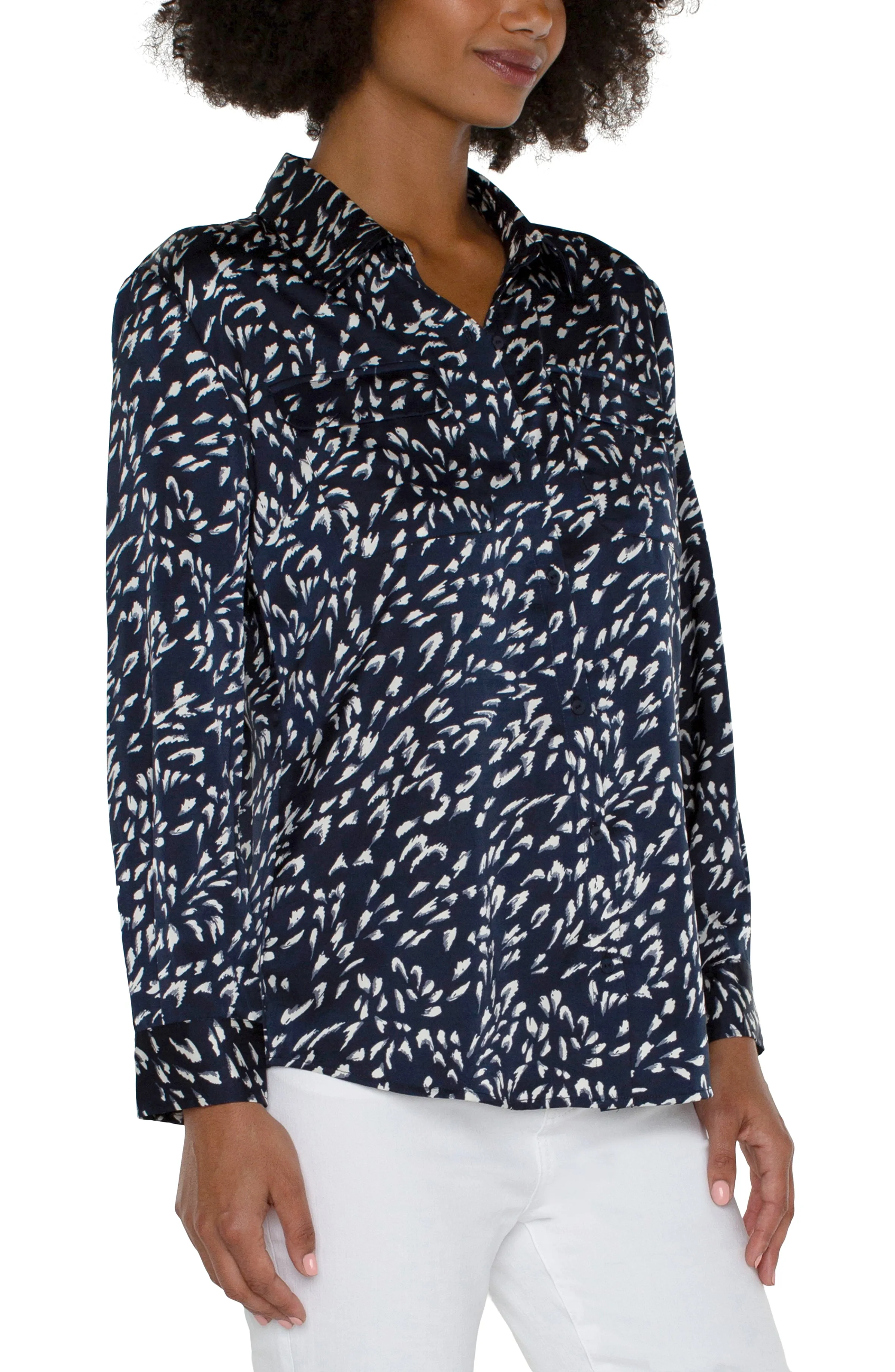 Liverpool Flap Pocket Button Front Woven Blouse (Navy Multi)