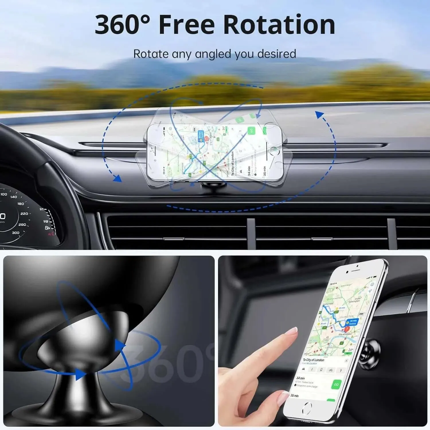 Magnetic In-Car Phone Mount (Metal Plates Included)