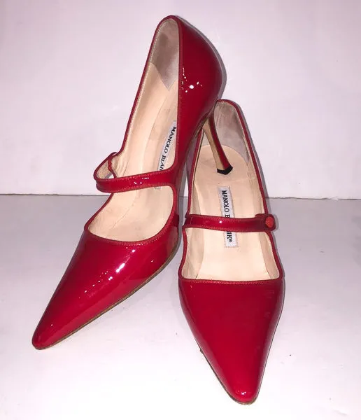 MANOLO BLAHNIK Red Patent Leather Campari Mary Jane Heels Size 39 1/2