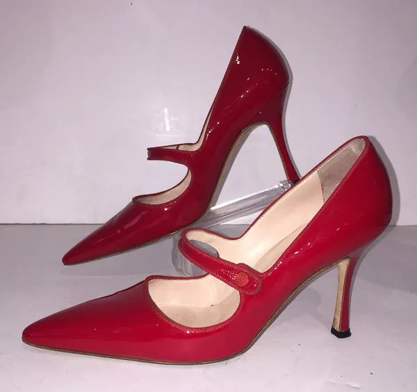 MANOLO BLAHNIK Red Patent Leather Campari Mary Jane Heels Size 39 1/2