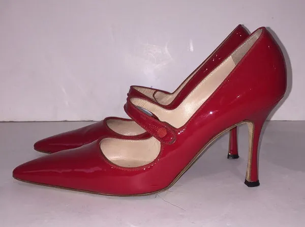 MANOLO BLAHNIK Red Patent Leather Campari Mary Jane Heels Size 39 1/2