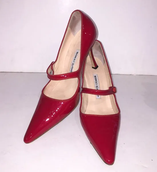 MANOLO BLAHNIK Red Patent Leather Campari Mary Jane Heels Size 39 1/2