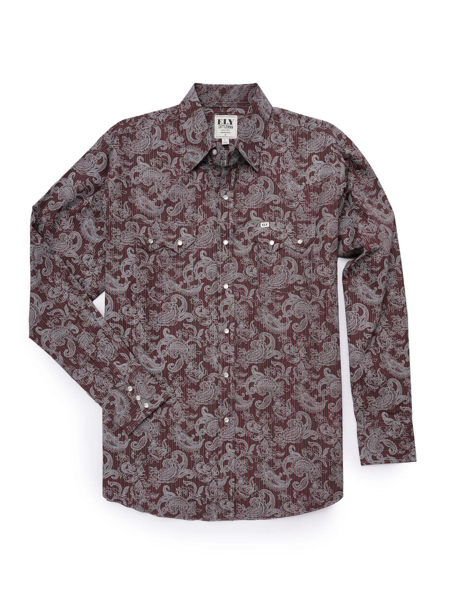 Men's Ely Cattleman Long Sleeve Paisley Print Western Snap Shirt - Denim Blue & Burgundy