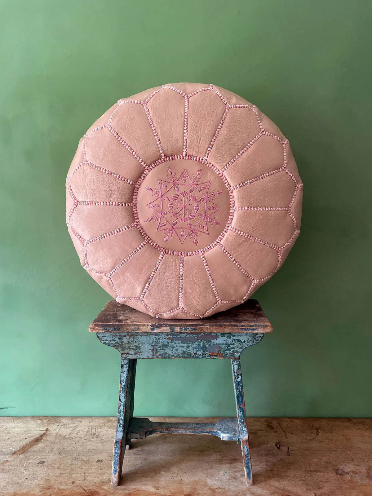 Moroccan Leather Pouffe, Ballet Pink