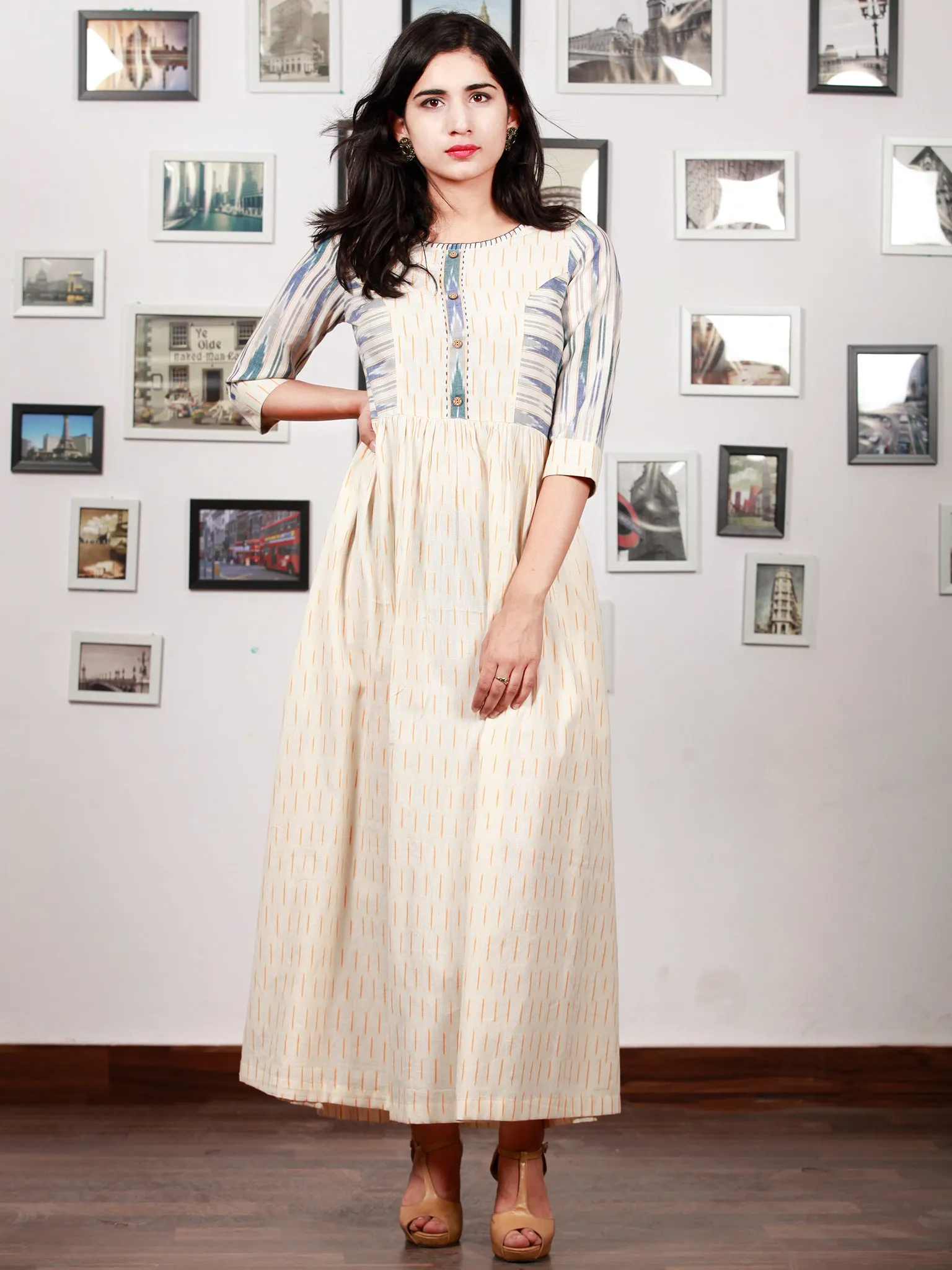 Off White Mustard Blue Grey Handwoven Ikat Princess Cut Dress With Embroidered Neck & Side Pocket-  D304F1470