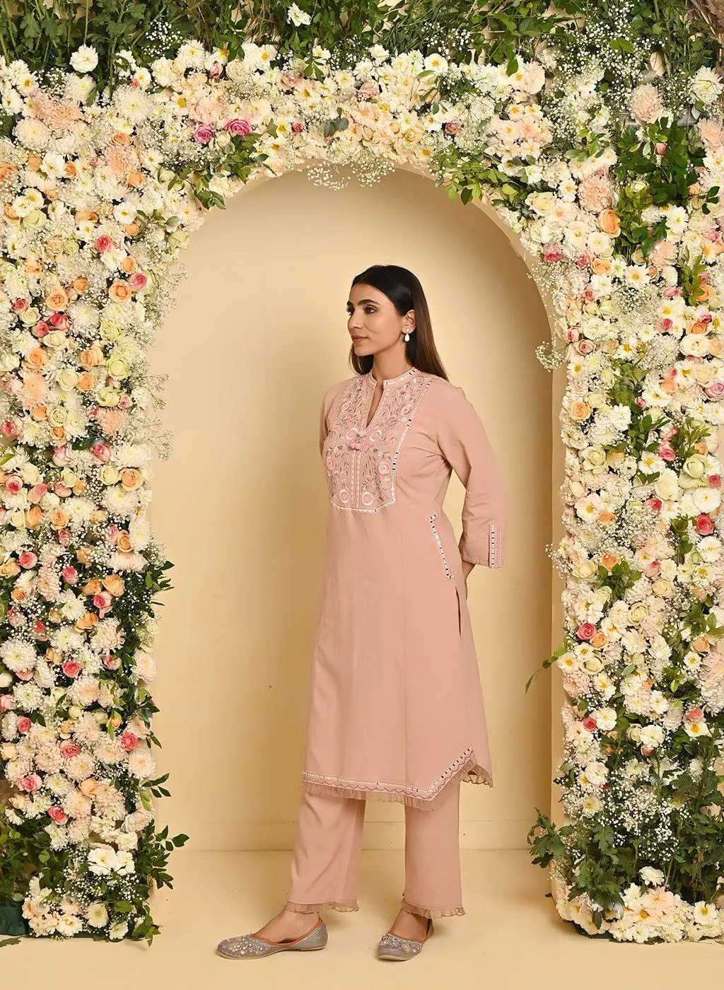 Peach Cotton Kurta Set with Floral Embroidery