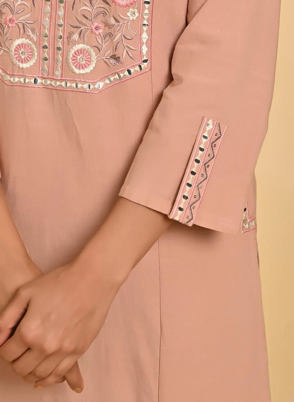 Peach Cotton Kurta Set with Floral Embroidery