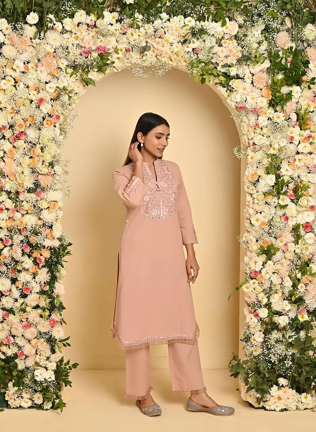 Peach Cotton Kurta Set with Floral Embroidery