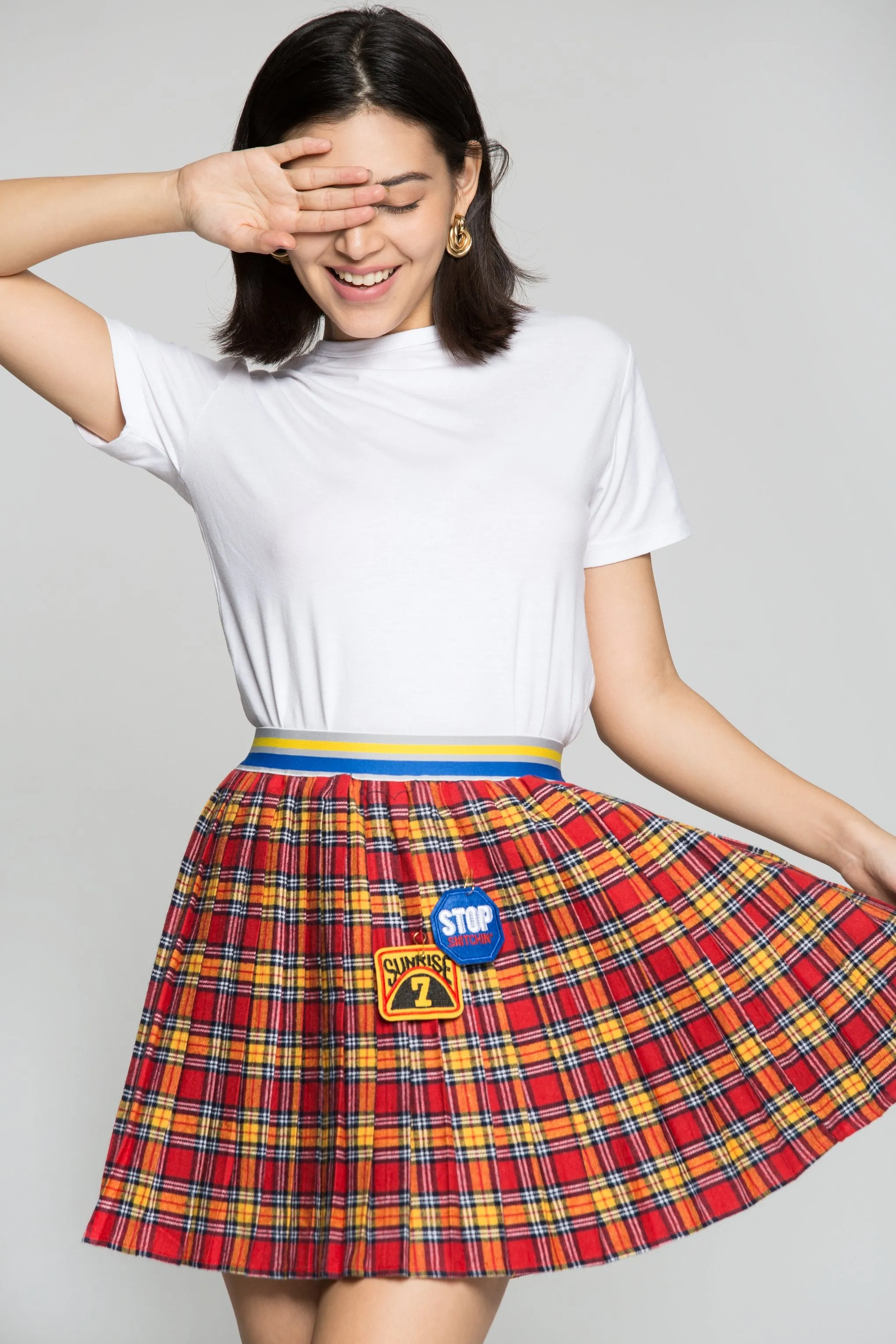 Pink and Yellow Tartan Print Pleated Skirt