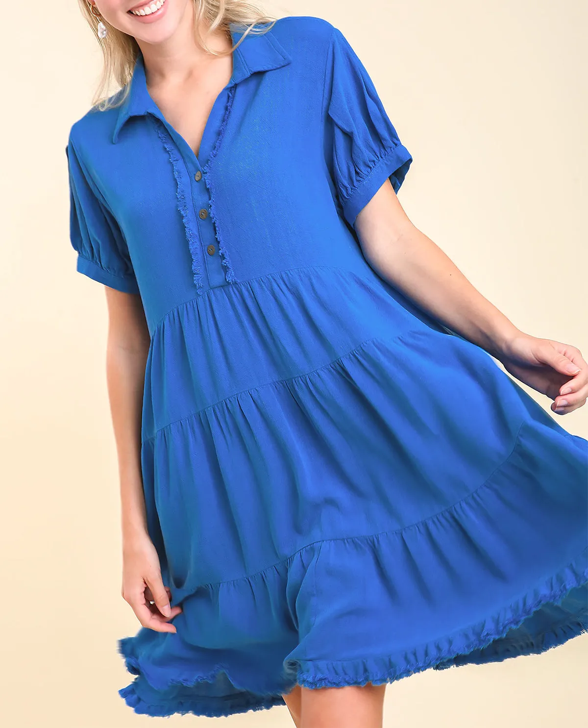 Pleated Sleeve Collared Tiered Dress