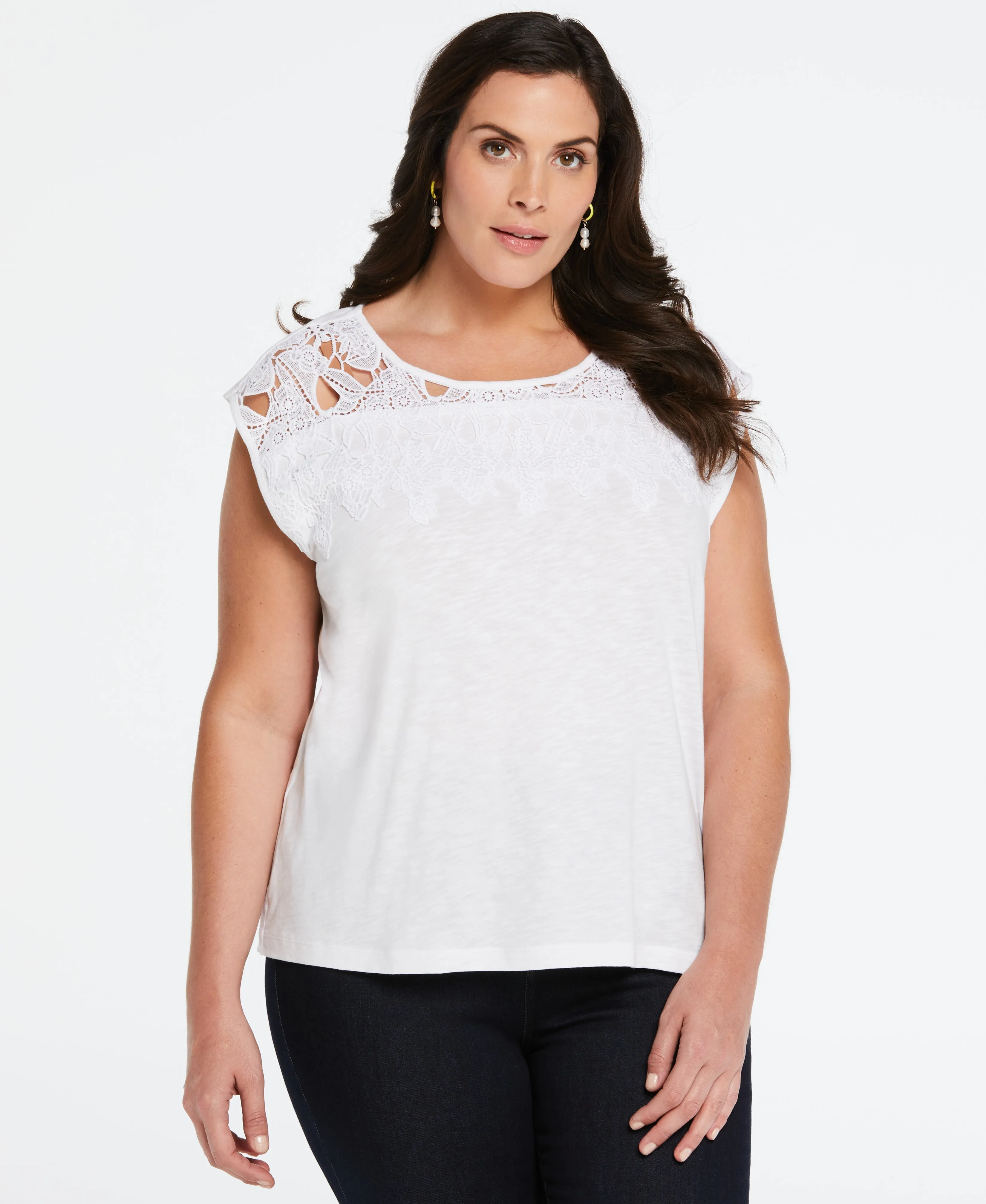 Plus Size 100% Cotton Lace Yoke Top