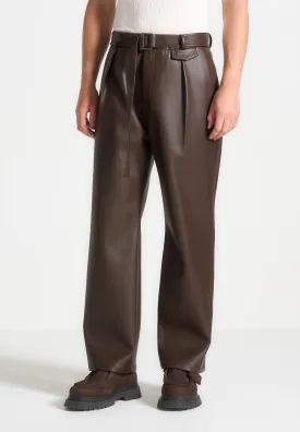 Relaxed Fit Leather Pleated Trouser - Brown