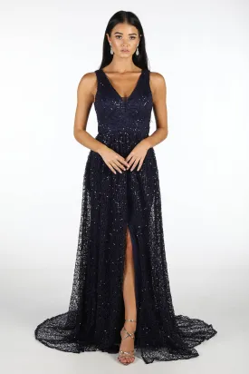 Renata A-Line Sequin Ball Gown - Navy