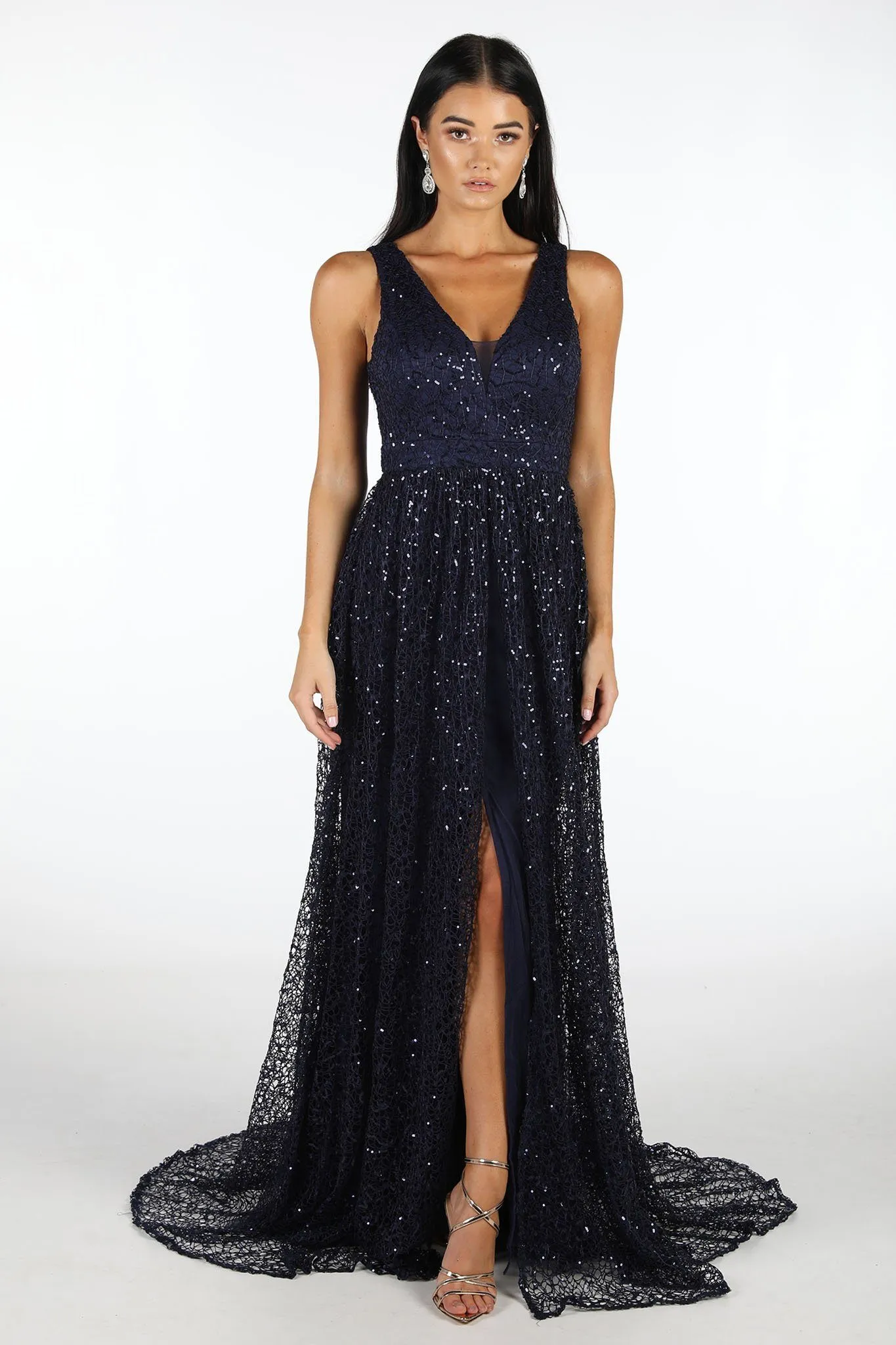 Renata A-Line Sequin Ball Gown - Navy