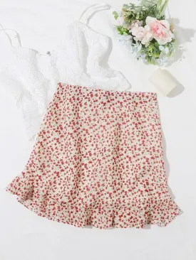 Ruffle Hem Zip Back Ditsy Floral Skirt