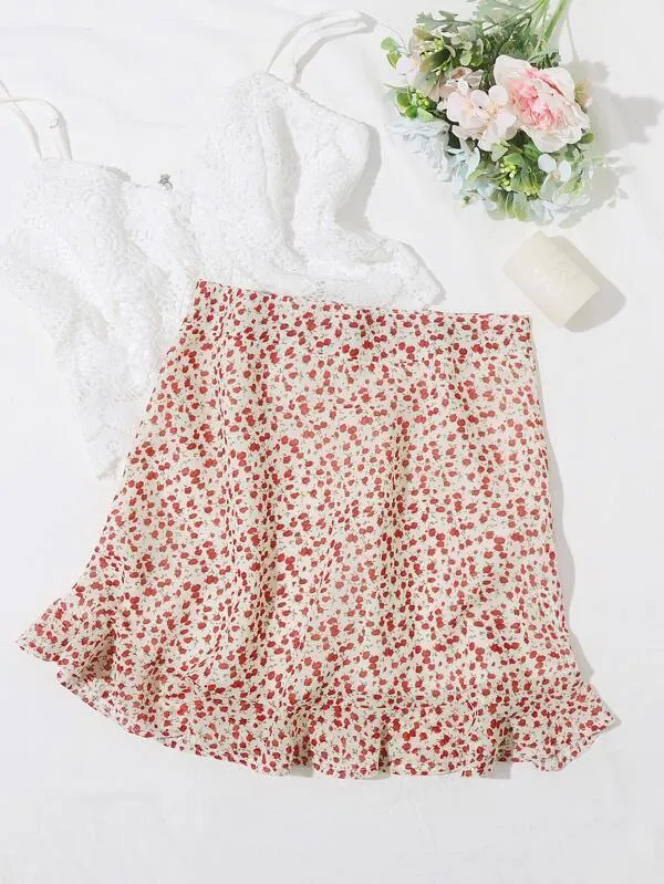 Ruffle Hem Zip Back Ditsy Floral Skirt