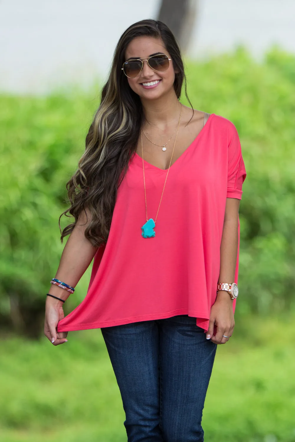 SALE-Short Sleeve V-Neck Piko Top - Coral