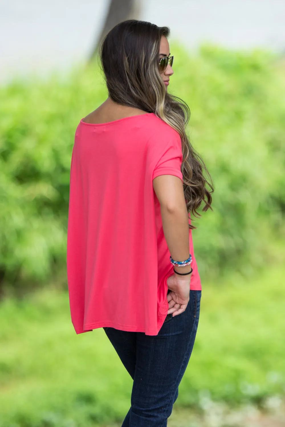 SALE-Short Sleeve V-Neck Piko Top - Coral