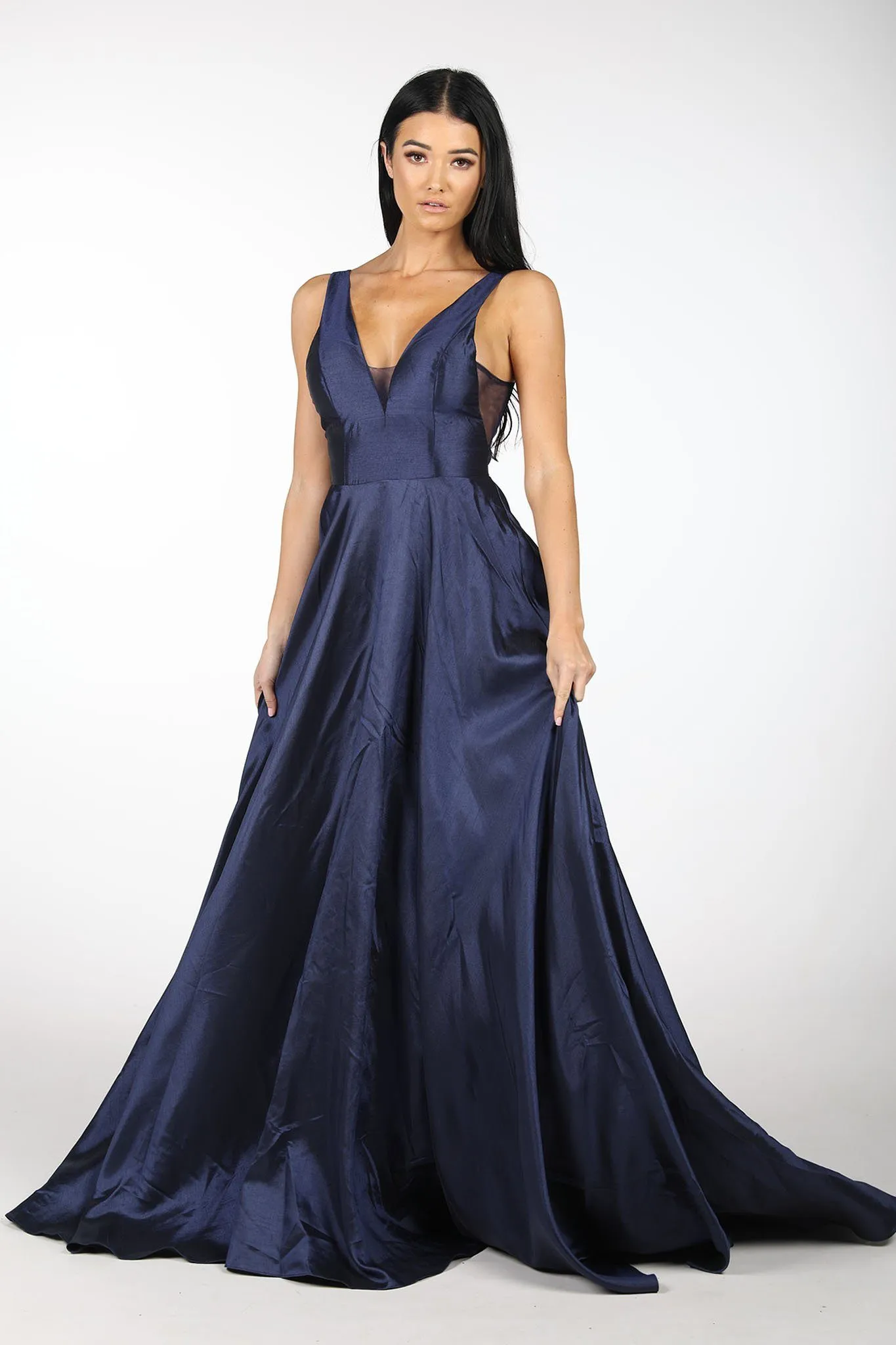 SAMIRA V-Neck Satin Ball Gown - Navy