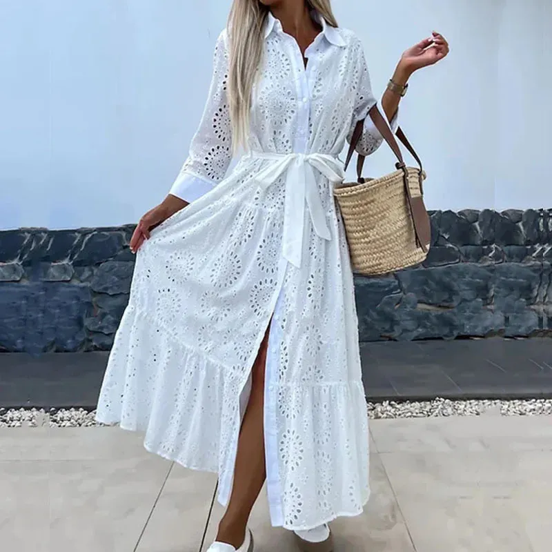 Summer Hollow Embroidery Single Breasted Shirt Lady Turn-down Collar Lace Up White Holiday Beach Long Dress