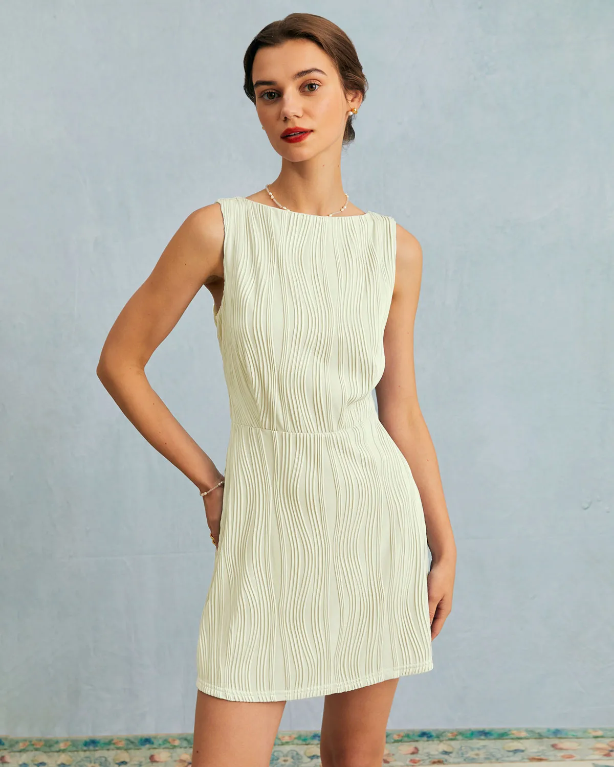 The Beige Water Ripple Textured Sleeveless Mini Dress