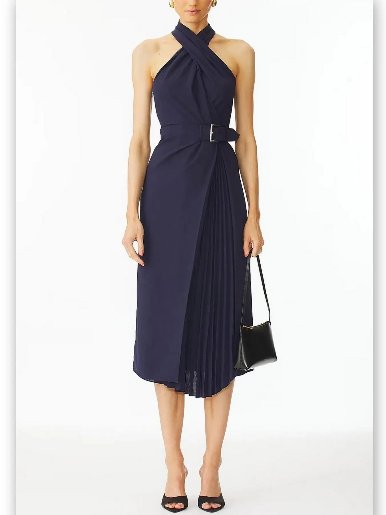 Women’s Belted Halter-Neck Pleated-Panel Midi Dress in Navy