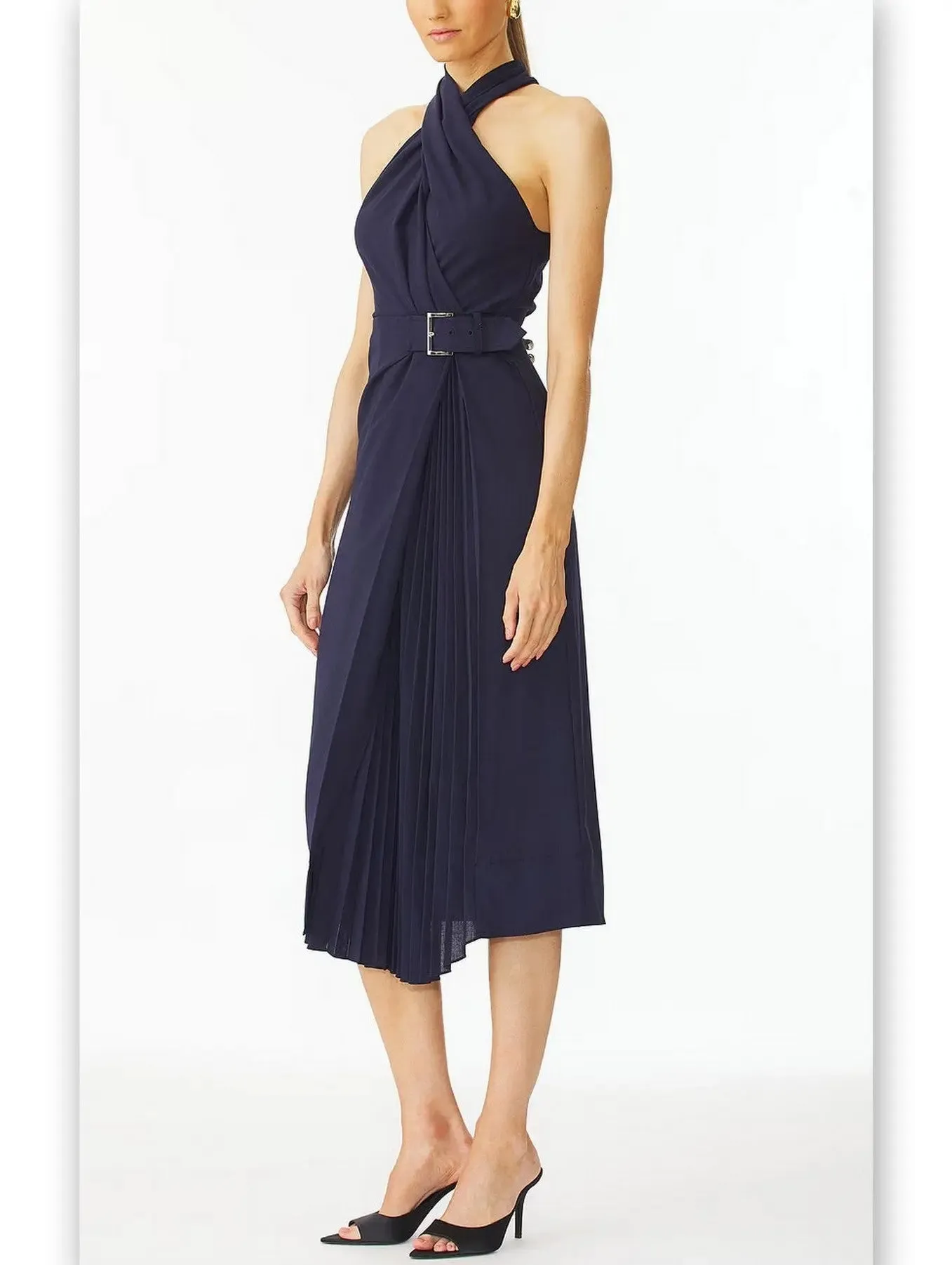 Women’s Belted Halter-Neck Pleated-Panel Midi Dress in Navy