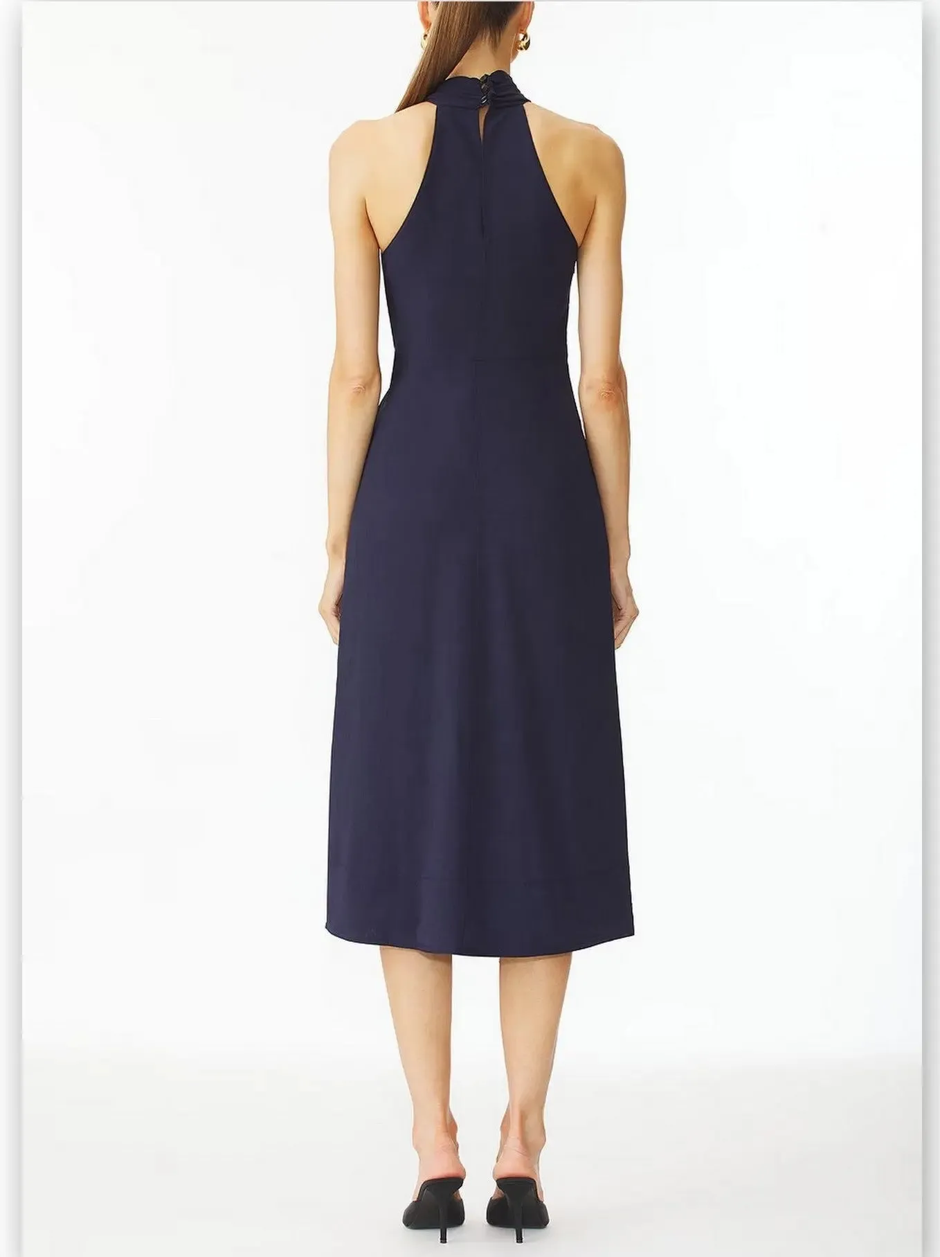 Women’s Belted Halter-Neck Pleated-Panel Midi Dress in Navy