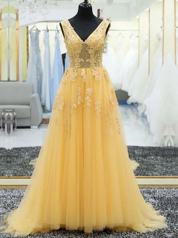 Yellow A Line V Neck Prom Dress Modest Cheap Long Tulle Prom Dress ER572