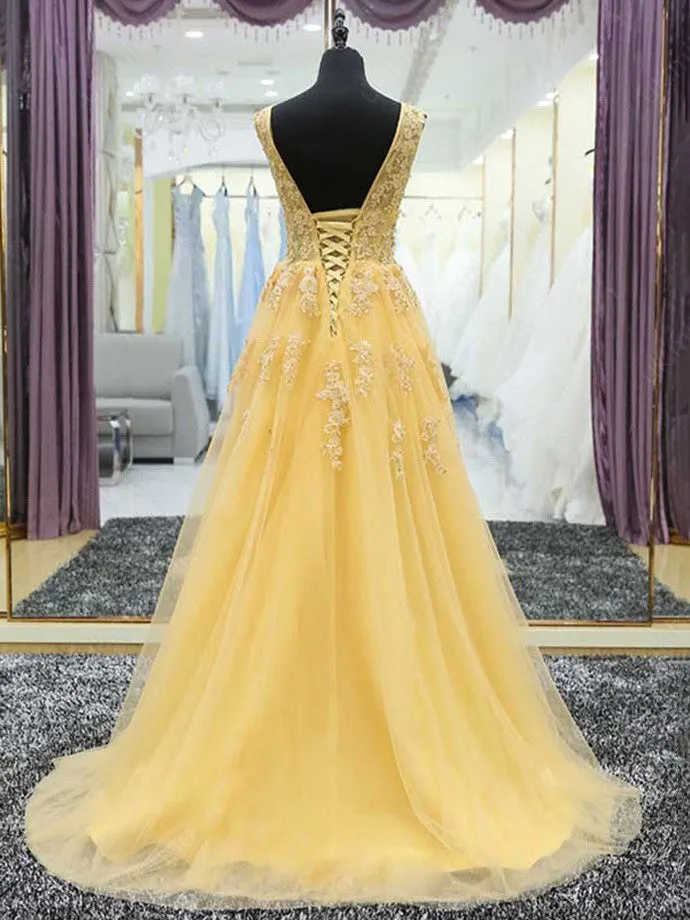 Yellow A Line V Neck Prom Dress Modest Cheap Long Tulle Prom Dress ER572